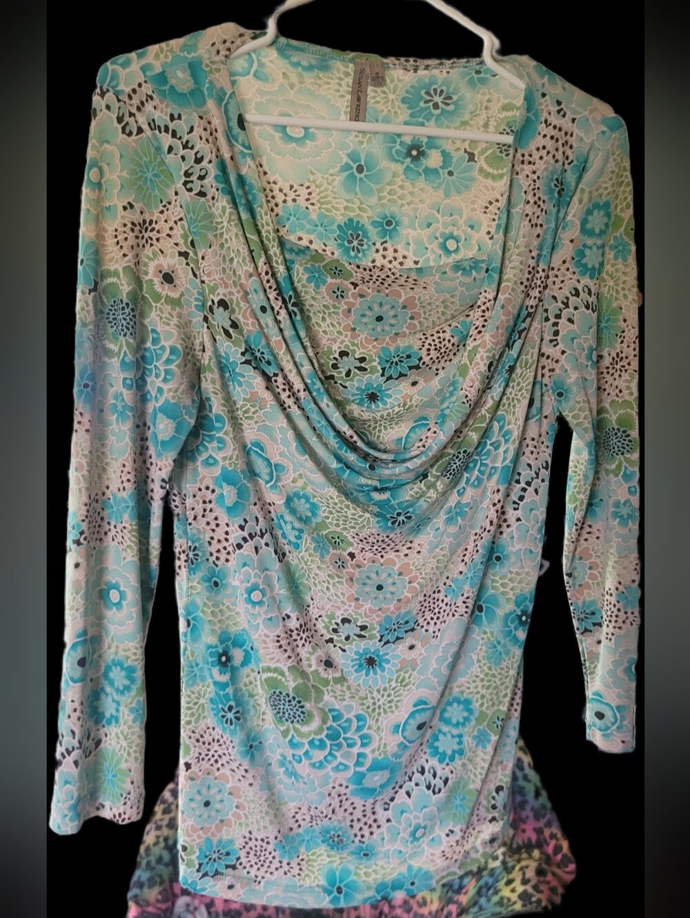 Susan Lawrence Aqua Green And Cream Floral Cowl Neck Top